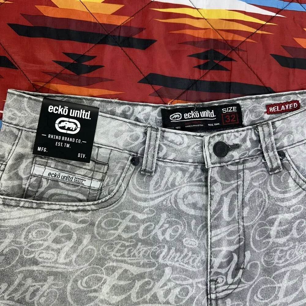 Ecko Unltd All Over Print Script Gray Denim Shorts Men’s Sz 32 Jorts Relaxed AOP